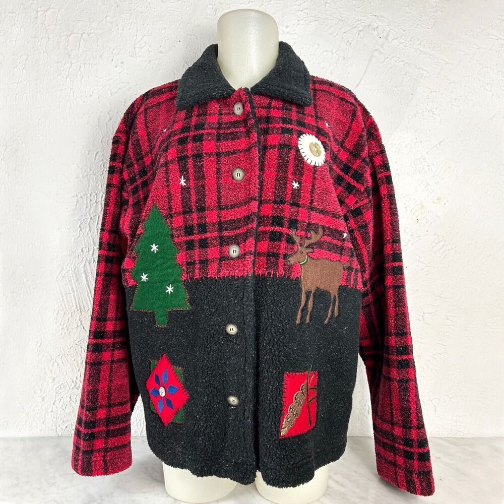 Talbots Fleece Applique Jacket Women's XL Red Black Reindeer Christmas Tree